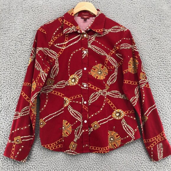 Talbots Shirt Womens 6 Petite Red Button Up Collar Jewelry Chains Haberdashery - Picture 1 of 9
